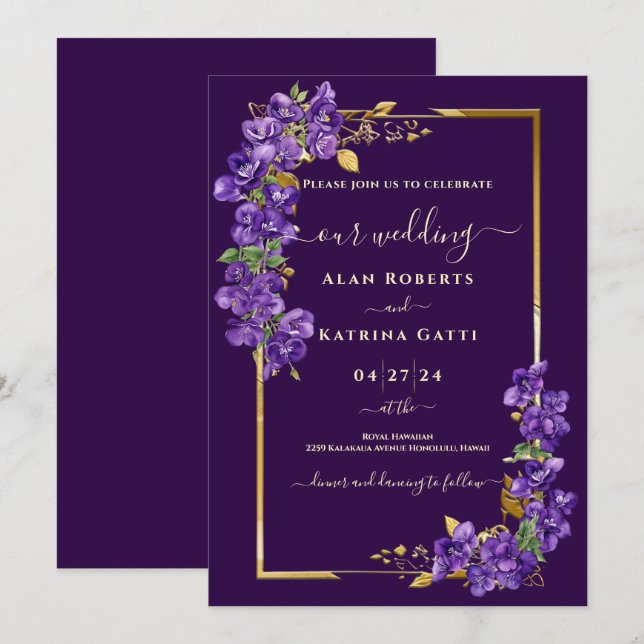 Purple Violets Elegant Dark Purple Wedding Invitation (Front/Back)