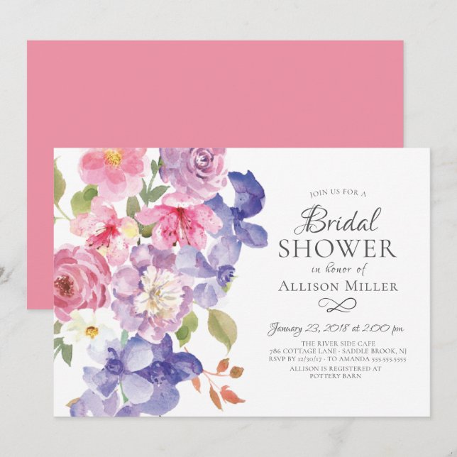 Purple Violets Floral Bridal Shower Invitations (Front/Back)
