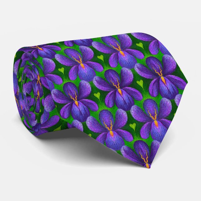 Purple Violets Flowers Pattern, Floral Art Elegant Neck Tie (Rolled)