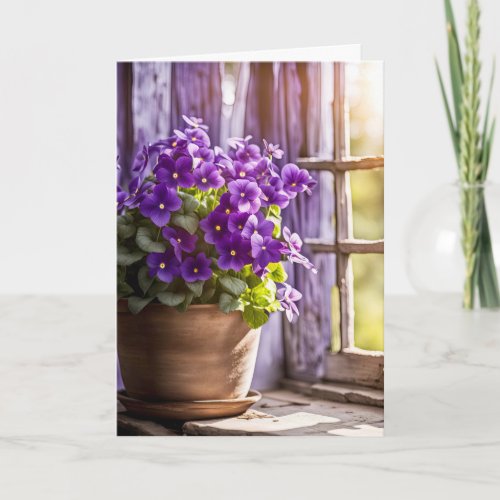 Purple Violets In Clay Pot Birthday Card