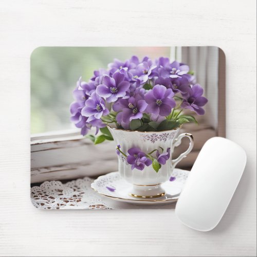 Purple Violets In Old Teacup Mouse Pad