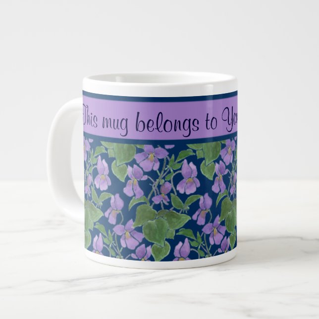 Purple Violets on Dark Blue to Personalize Large Coffee Mug (Front Left)