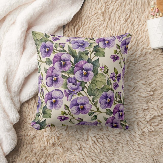Purple Violets on White Throw Pillow (Blanket)