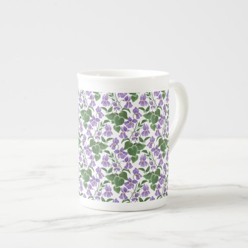 Purple Violets Watercolour Pattern on White Bone China Mug