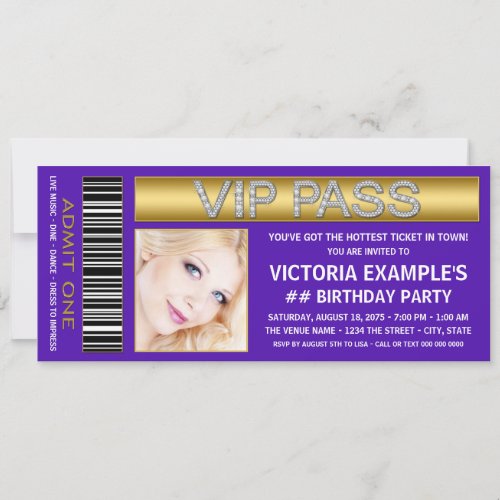 Purple VIP Pass Admission Ticket Birthday Party Invitation
