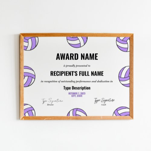 Purple Volleyball best player recognition award Poster