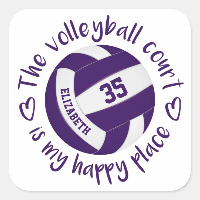 purple volleyball happy place girly typography square sticker (Front)