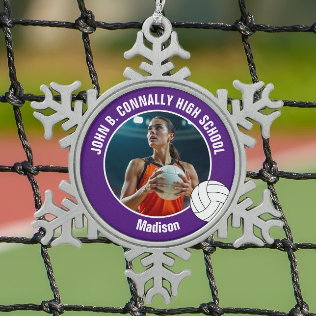 Purple Volleyball Player Photo High School Snowflake Pewter Christmas Ornament (Creator Uploaded)