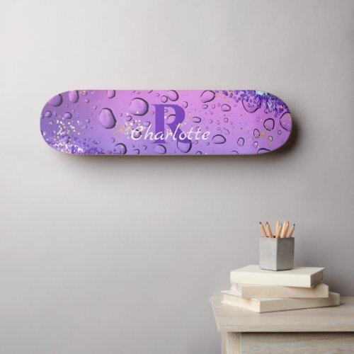 Purple Water Droplets  Blue and White Ombre Skateboard