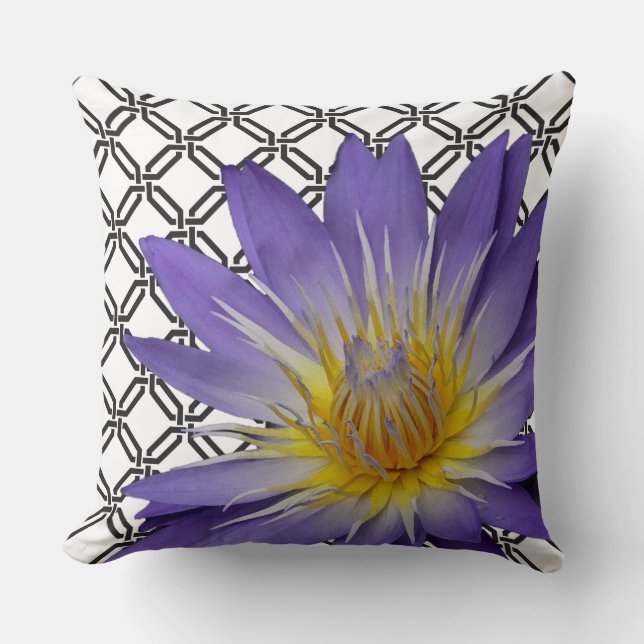 Purple Water Lily on Black and White Throw Pillow (Front)