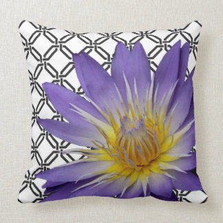 Purple Water Lily on Black and White Throw Pillow