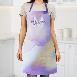 Purple Watercolor Abstract Girly Luxury Monogram Apron