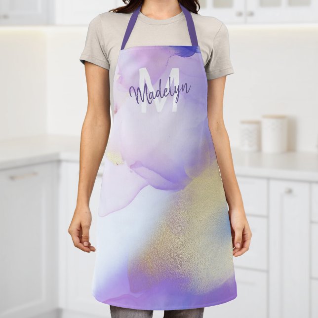 Purple Watercolor Abstract Girly Luxury Monogram Apron (Creator Uploaded)