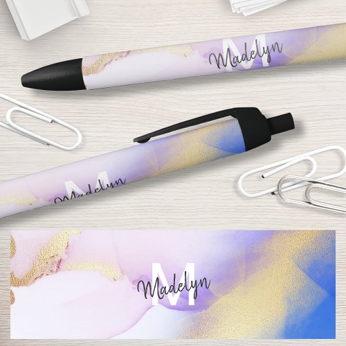 Purple Watercolor Abstract Girly Luxury Monogram Black Ink Pen