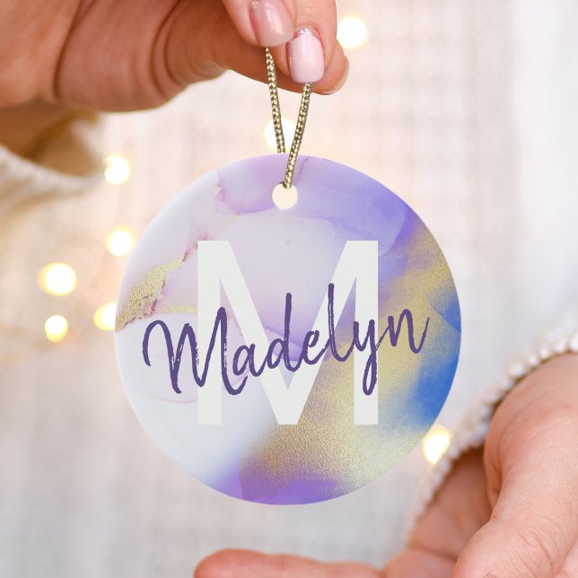 Purple Watercolor Abstract Girly Luxury Monogram Ceramic Ornament (Creator Uploaded)