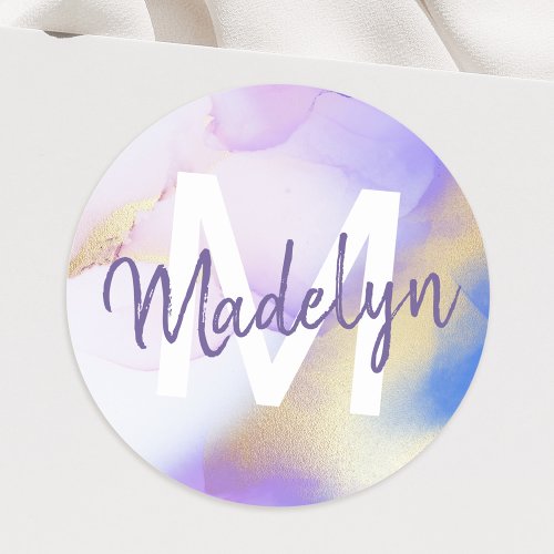 Purple Watercolor Abstract Girly Luxury Monogram Classic Round Sticker