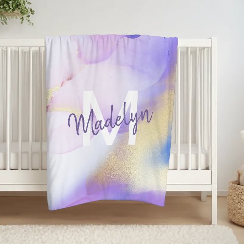 Purple Watercolor Abstract Girly Luxury Monogram Fleece Blanket