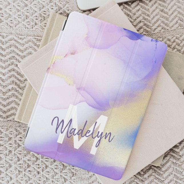 Purple Watercolor Abstract Girly Luxury Monogram iPad Mini Cover (Creator Uploaded)
