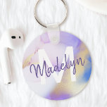 Purple Watercolor Abstract Girly Luxury Monogram Keychain<br><div class="desc">Easily personalize this glamorous style abstract lilac watercolor paint and faux gold spray background with your custom details.</div>