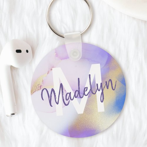 Purple Watercolor Abstract Girly Luxury Monogram Keychain