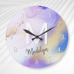 Purple Watercolor Abstract Girly Luxury Monogram Large Clock<br><div class="desc">Easily personalize this glamorous style abstract lilac watercolor paint and faux gold spray background with your custom details.</div>