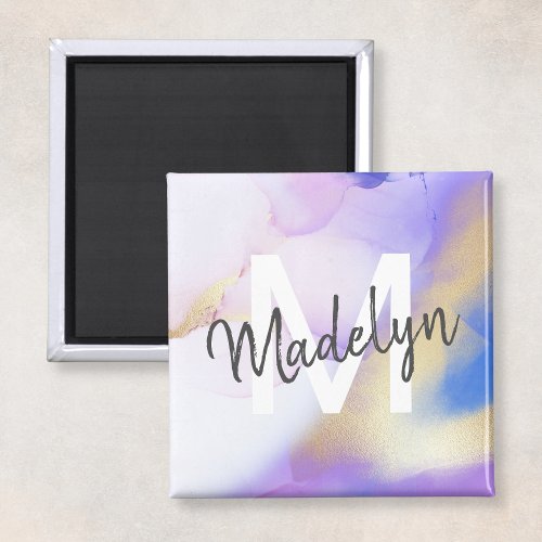 Purple Watercolor Abstract Girly Luxury Monogram Magnet