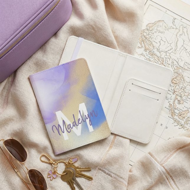 Purple Watercolor Abstract Girly Luxury Monogram Passport Holder (Creator Uploaded)