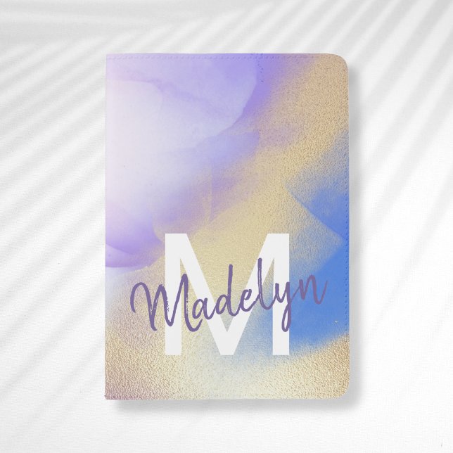 Purple Watercolor Abstract Girly Luxury Monogram Passport Holder (Creator Uploaded)