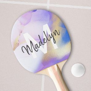 Purple Watercolor Abstract Girly Luxury Monogram Ping Pong Paddle