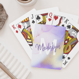 Purple Watercolor Abstract Girly Luxury Monogram Poker Cards