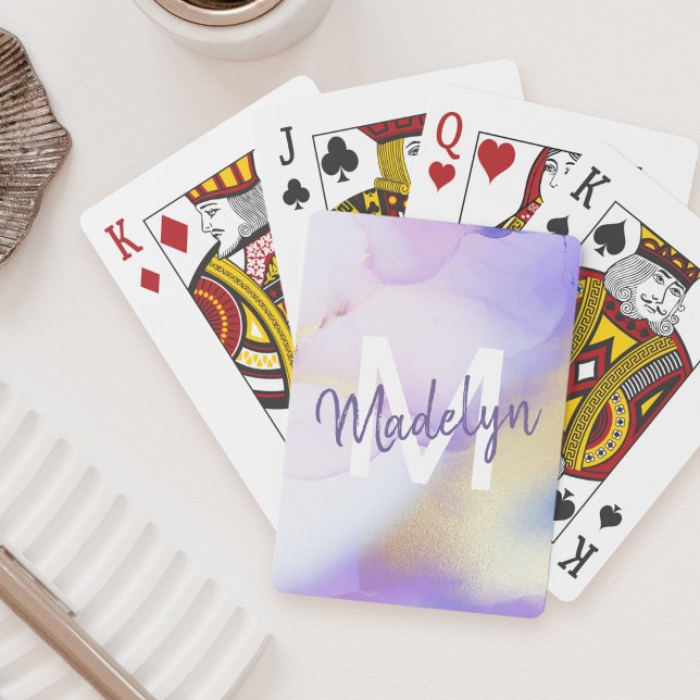 Purple Watercolor Abstract Girly Luxury Monogram Poker Cards (Creator Uploaded)