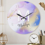 Purple Watercolor Abstract Girly Luxury Monogram Round Clock<br><div class="desc">Easily personalize this glamorous style abstract lilac watercolor paint and faux gold spray background with your custom details.</div>