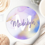Purple Watercolor Abstract Girly Luxury Monogram Round Paper Coaster<br><div class="desc">Easily personalize this glamorous style abstract lilac watercolor paint and faux gold spray background with your custom details.</div>