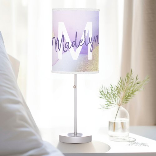 Purple Watercolor Abstract Girly Luxury Monogram Table Lamp