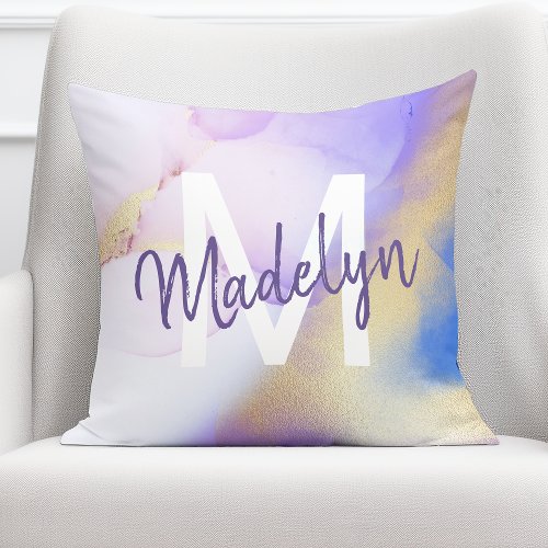 Purple Watercolor Abstract Girly Luxury Monogram Throw Pillow