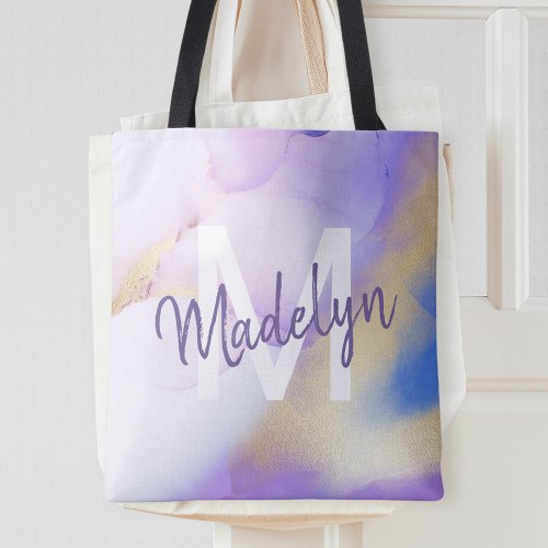 Purple Watercolor Abstract Girly Luxury Monogram Tote Bag
