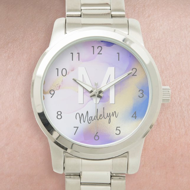 Purple Watercolor Abstract Girly Luxury Monogram Watch (Creator Uploaded)