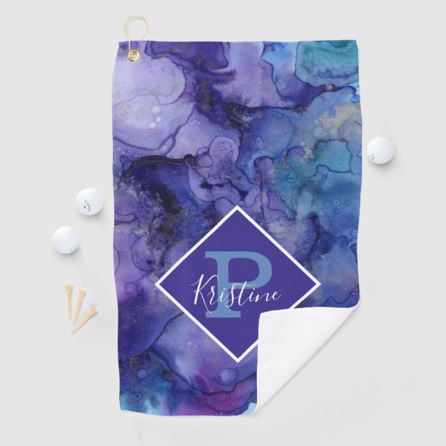 Purple Watercolor Abstract with Custom Monogram Golf Towel (InSitu)