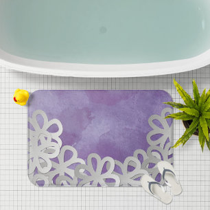 Purple Watercolor and White Flowers Bath Mat