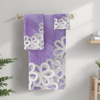 Purple Watercolor and White Flowers Bath Towel Set