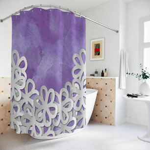Purple Watercolor and White Flowers Shower Curtain