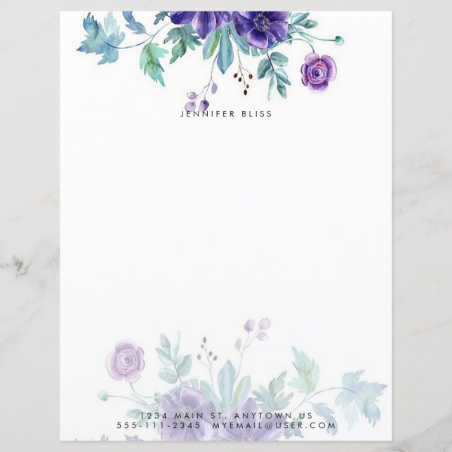 Purple watercolor anemone personalized stationery (Front)
