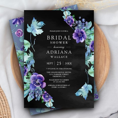 Purple Watercolor Anemones Black Bridal Shower Invitation