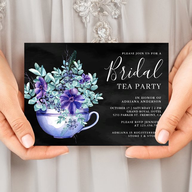 Purple Watercolor Anemones Black Bridal Tea Party Invitation (Creator Uploaded)