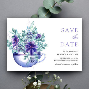 Purple Watercolor Anemones Tea Cup Wedding Save The Date
