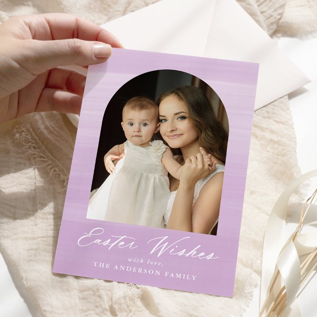 Purple Watercolor Arch 2 Photo Easter Wishes Holiday Card (Creator Uploaded)