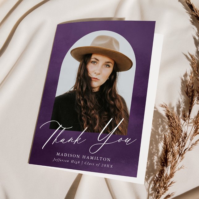 Purple Watercolor Arch Photo Graduation Thank You Card (Creator Uploaded)