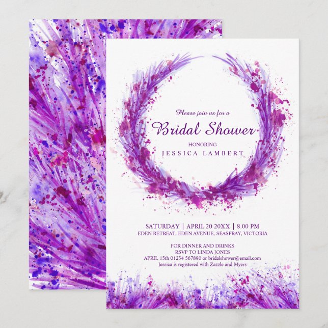 Purple watercolor art splat bridal shower invites (Front/Back)