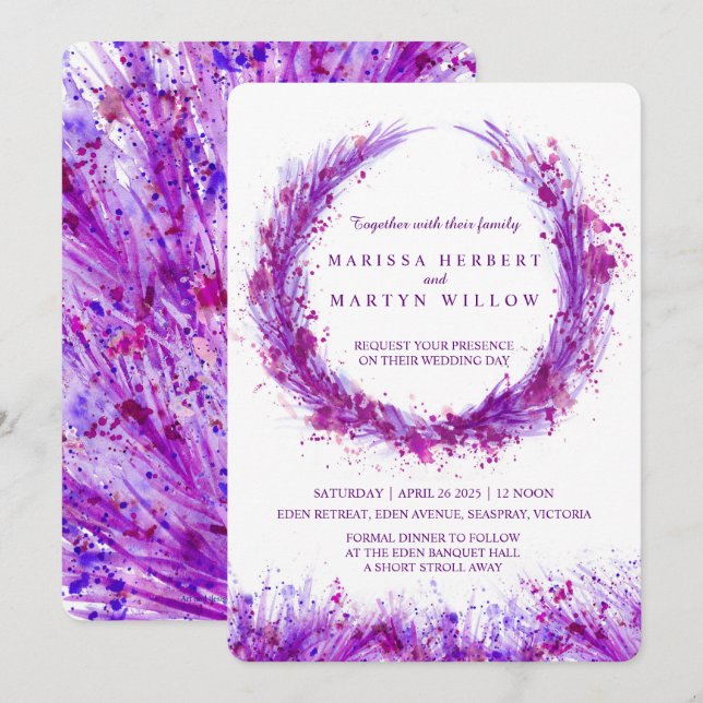 Purple watercolor art splatter wedding invitations (Front/Back)