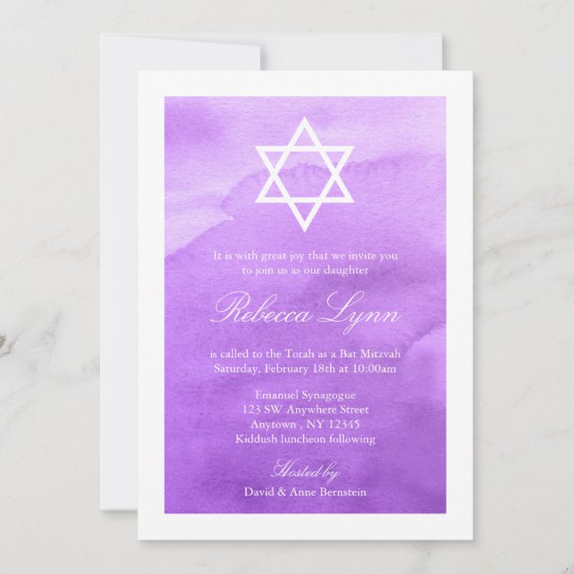 Purple Watercolor Bat Mitzvah Invitations (Front)
